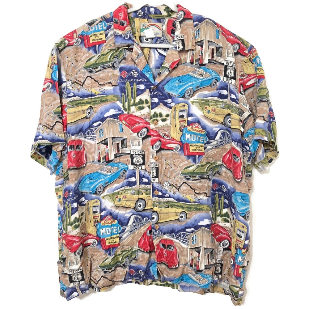 Paradise Found Shirt Mens 2XL Route 66 Corvettes Hawaiian Short Sleeve Button